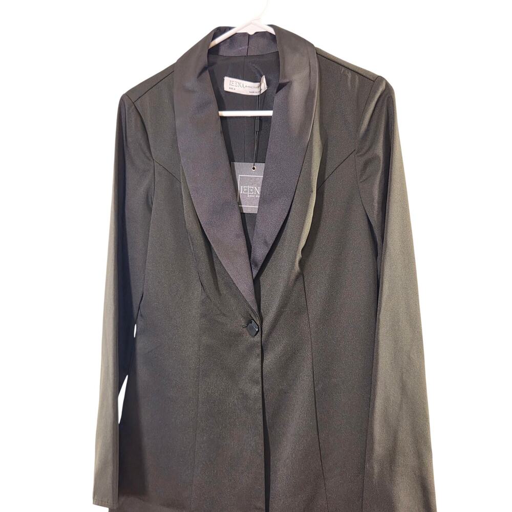 IEENA for Mac Duggal NWT Feathered Trim Tuxedo Black Dress, Size 6 - Picture 6 of 12